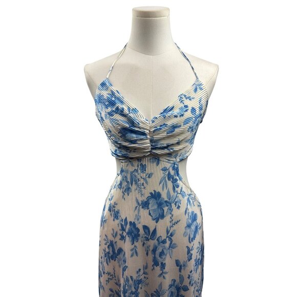 Women’s Endless Blu Medium White Backless Sleeveless Maxi Dress with Blue Floral - Picture 2 of 7